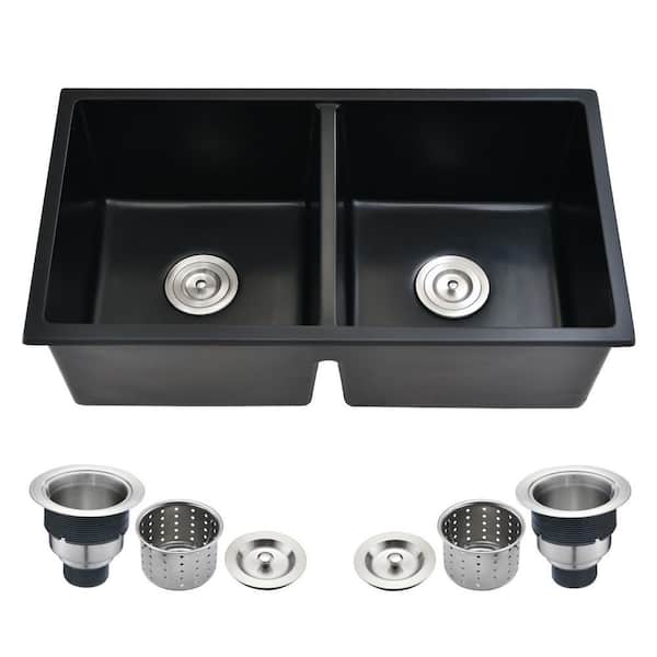 Black Quartz 33 in. Double Bowl Undermount Kitchen Sink with Basket Strainer