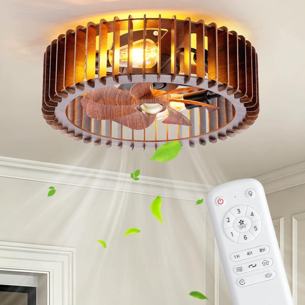 20 in. Walnut Caged Wood Flush Mount Ceiling Fan with Remote Control, 6 Speeds Reversible DC Motor (No Bulbs) price history on PriceWatchPro