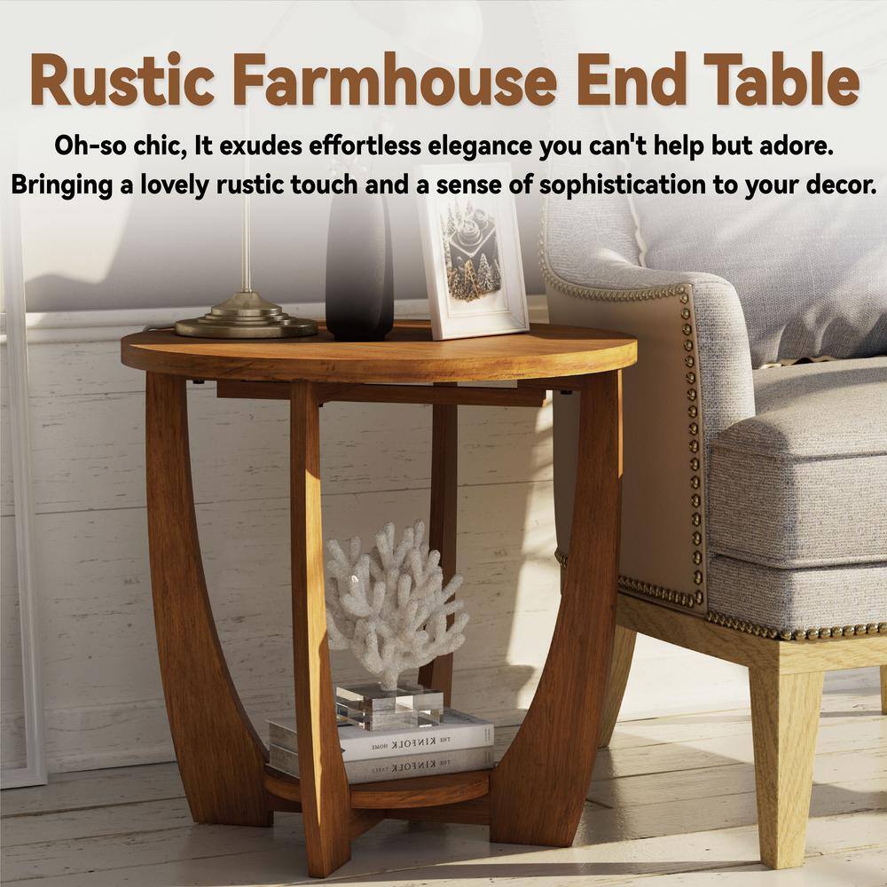 Rustic Caramel Brown Round Wood End Table with Shelf