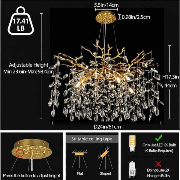 PUYRNF 24 in. 9-Light Dimmable Gold Tree Branch Kitchen Island