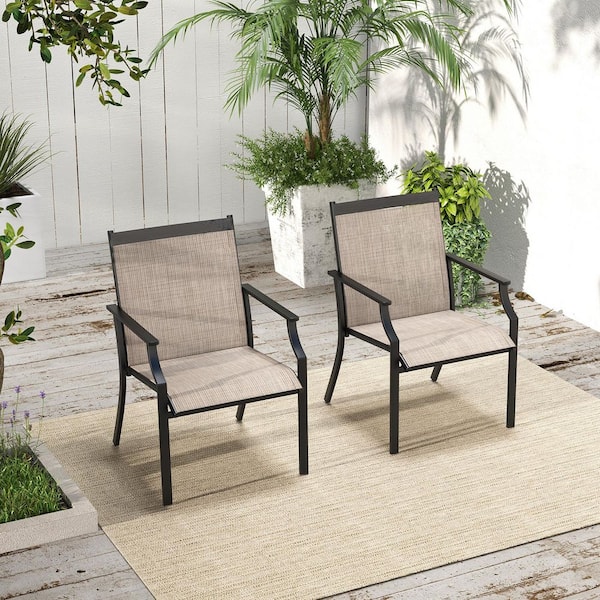 2 Piece Patio Dining Chairs with Breathable Seat and Metal Frame in Coffee