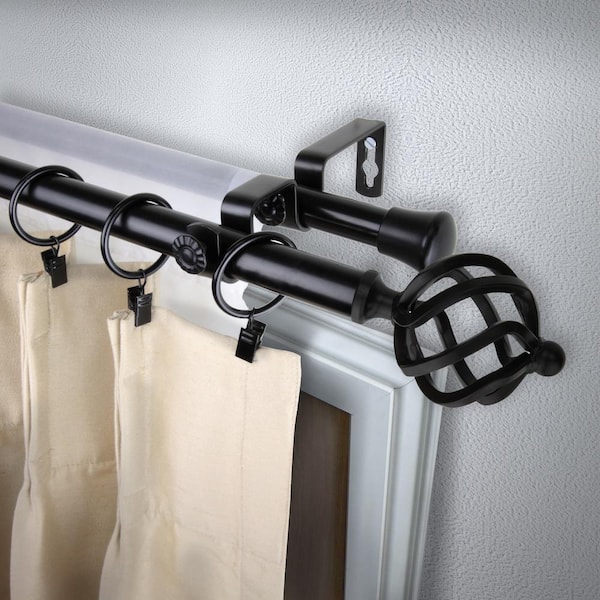 66 in. - 120 in. Double Curtain Rod in Black with Finial