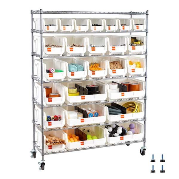 7-Tier Rolling Bin Storage Rack, 26 Organizer Bins, Bin Rack Storage Steel Wire Shelving System with Wheels for Garage