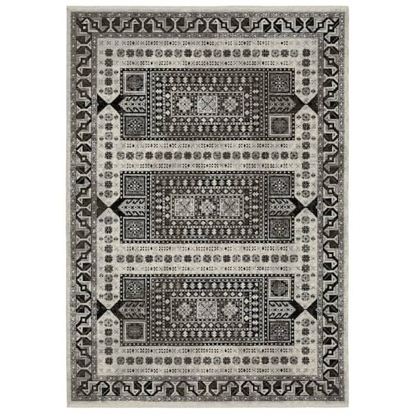 8 ft. x 11 ft. Ivory And Charcoal Oriental with Fringe Area Rug
