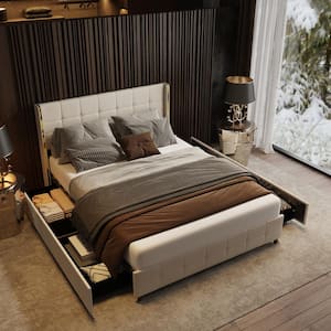 White Wood Metal Frame Queen Size Platform Bed With Upholstered Headboard, Drawers, LED Lights, Wheels, Bluetooth