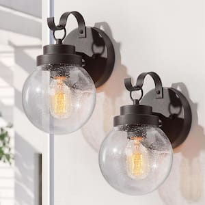 Amonti 1-Light Rustic Industrial Bronze Outdoor Wall Lantern Sconces Coach Lights with Seeded Glass Shades (2-Pack)