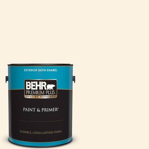 BEHR PREMIUM PLUS 1 gal. #PWN-12 Palatial White Satin Enamel Exterior Paint & Primer