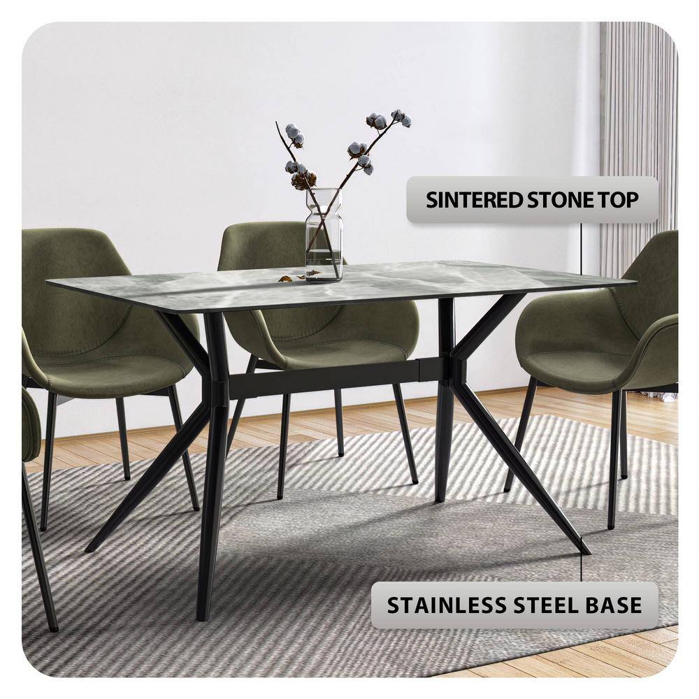 Modern Light Grey Glass Dining Table with Black Steel Base, 62"