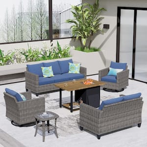 New Vultros Gray 6-Piece Outdoor Patio Fire Pit Table Conversation Set with Blue Cushions and Swivel Rocking Chairs