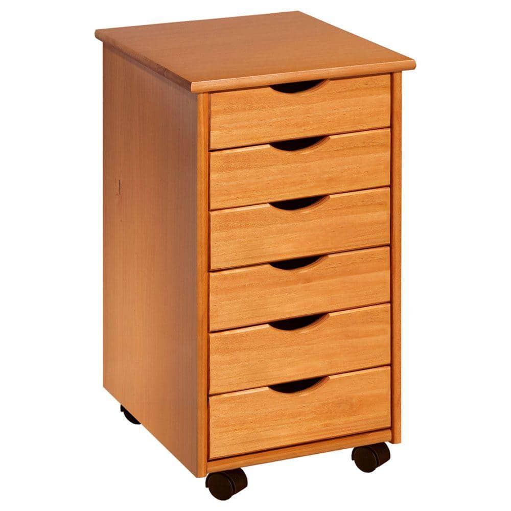Compact Wooden Sewing Cart with 6 Drawers and Rolling Wheels, Tan Brown
