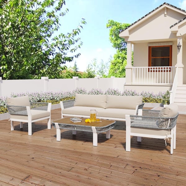 Zeus & Ruta 4-Piece Gray Rope Iron Outdoor Patio Conversation Set with Beige Cushions, Coffee Table and for Garden, Poolside