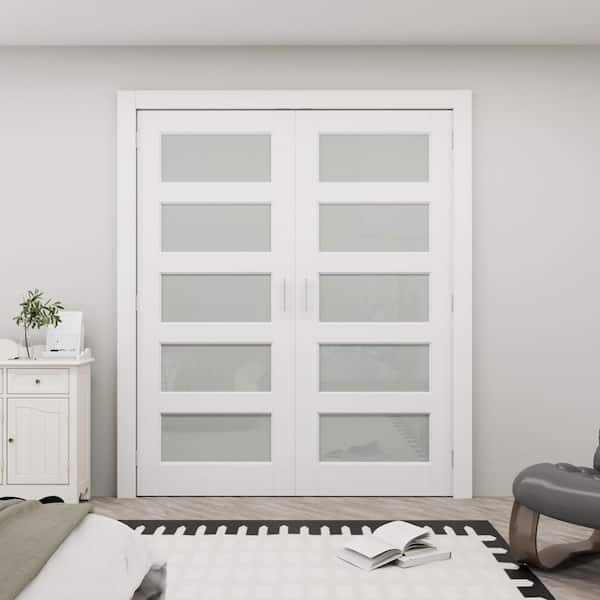 60 in. x 80 in. 5-Lite Frosted Glass White Solid Core French Door without Jamb Double Interior Door Slab with Ball Catch