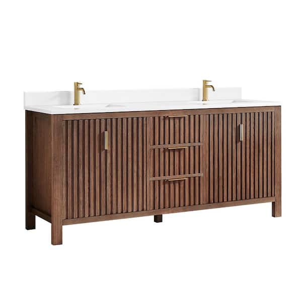 Shenzhen 72 in.W x 22 in.D x 33.9 in.D Double Bath Vanity in Aged Dark Brown Oak with White Engineered Stone Top