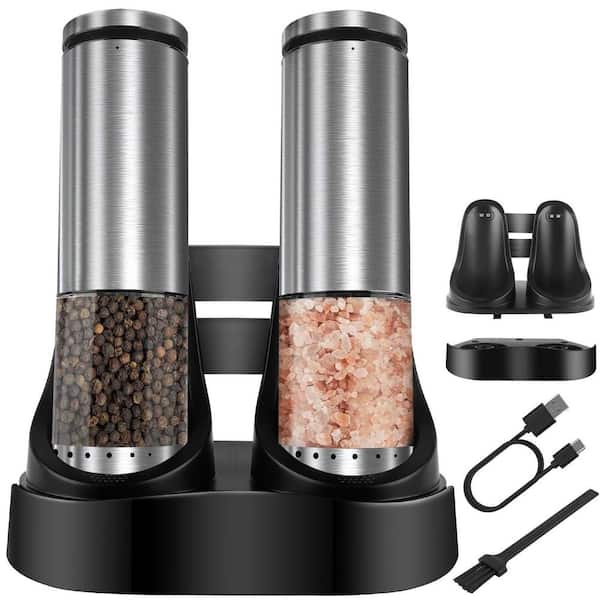 Stainless Steel Electric Salt and Pepper Grinder Set USB Rechargeable, Automatic Shakers Mills with LED Light
