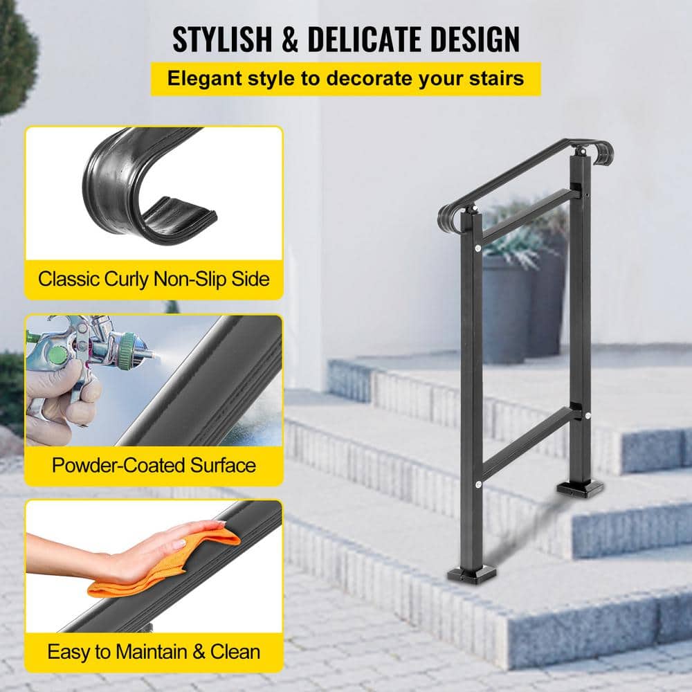 Adjustable Black Wrought Iron Handrail for 1-2 Steps
