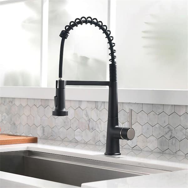 Single Handle Kitchen Faucet with Pull Down Sprayer 1 Hole Kitchen Sink Faucet Brass Commercial Taps in Matte Black