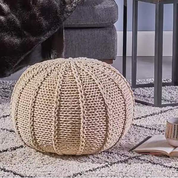 Unbranded Round Pouf Ottoman Home Knitted Cotton Poof Foot Stool Upholstered Pouf Beige 62655.00BGEYF