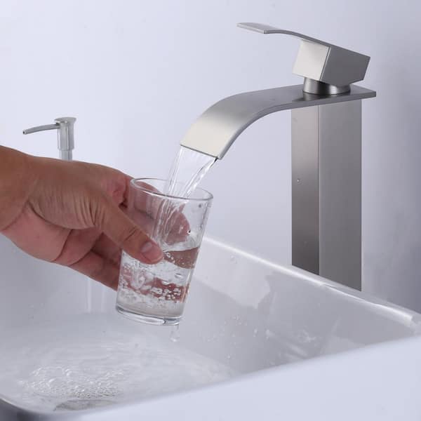 Stainless Steel Single Handle Waterfall Single Hole Bathroom Faucet with Drain Kit and Supply Lines in Brushed Nickel