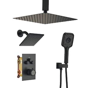 5-Spray Dual Shower Heads Ceiling Mount Fixed and Handheld Shower Head 2.5 GPM in Matte Black 12 in. Thermostatic