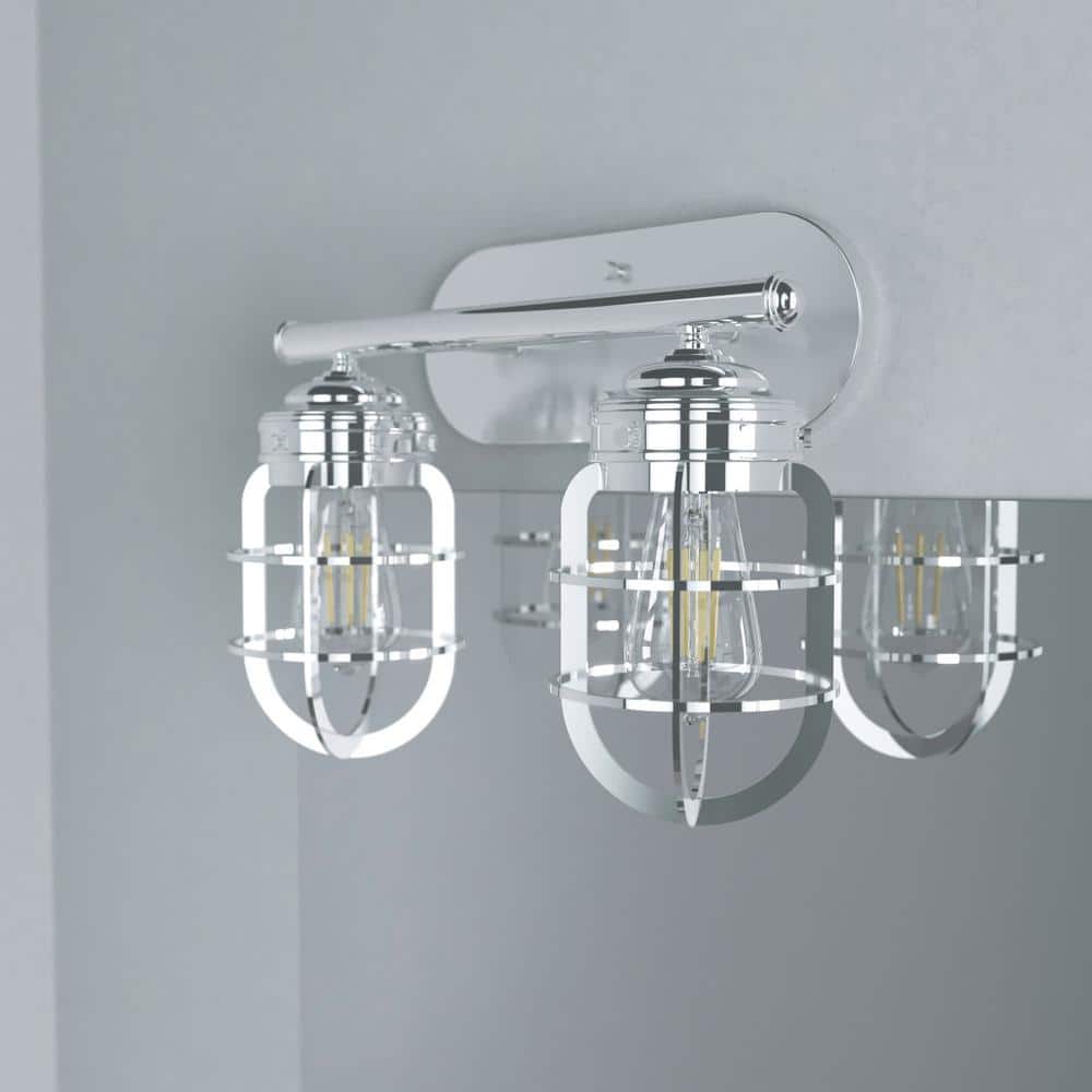 Chrome 2-Light Industrial Vanity Fixture with Caged Shades