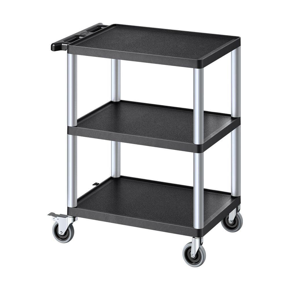 300 lbs. Utility Cart, 27.6 x 18.1 in. 3-Shelf Plastic, Hand Truck, 360° Swivel Wheels (2 with Brakes)