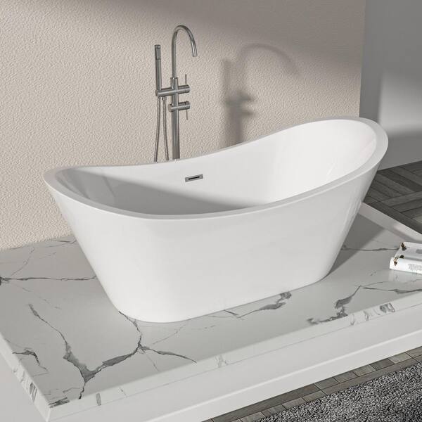 67 in. x 29 in. Acrylic Flatbottom Freestanding Soaking Bathtub in Glossy White