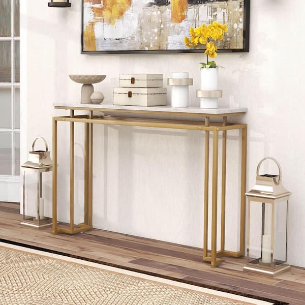 Costway 47 in. White Rectangle Faux Marble Top Console Table Modern ...