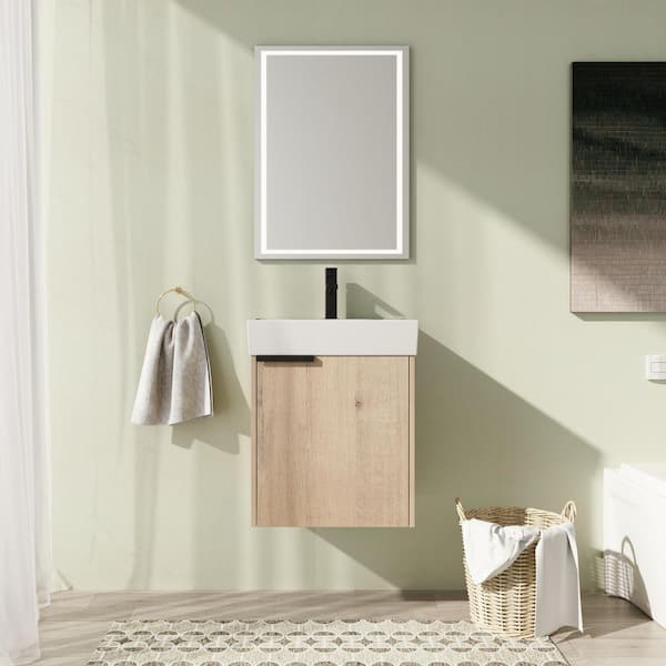 19 in. Wall-Mounted Single Oak Bath Vanity with White Ceramic Vanity Top Assembled