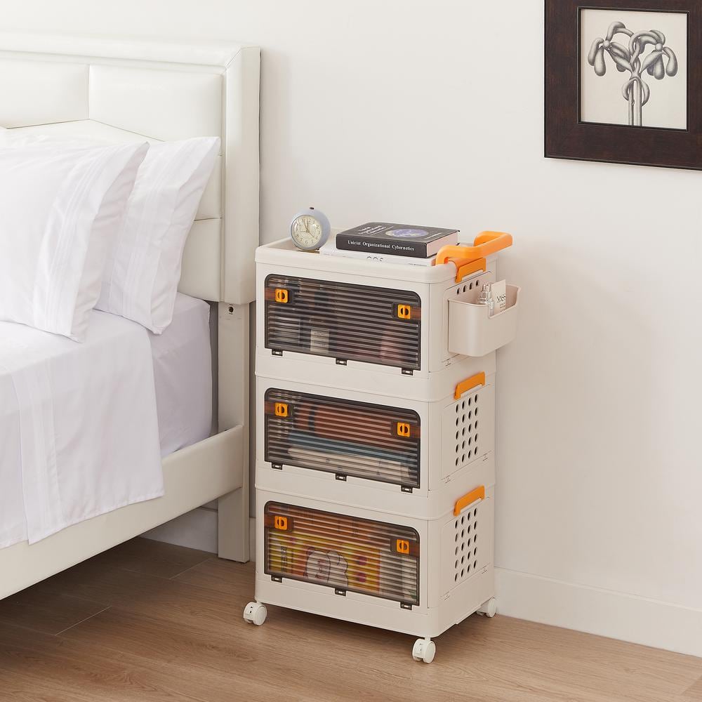 VECELO Beige Stackable Storage Bins with Lid and Door, 3-Tier