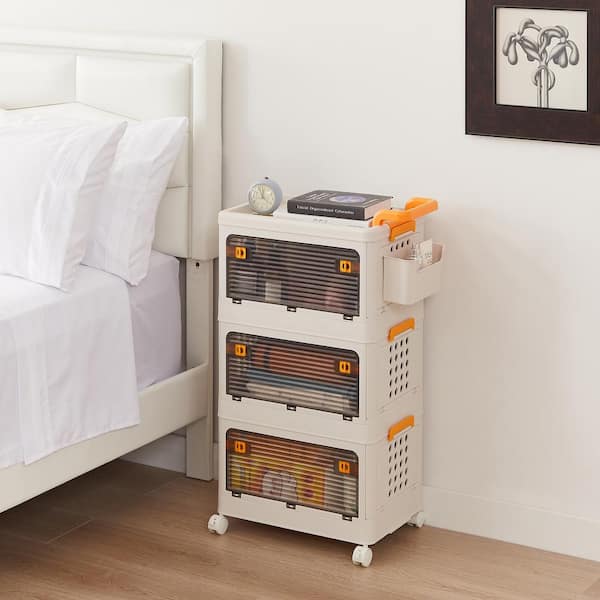 VECELO Beige Stackable Storage Bins with Lid and Door, 3-Tier Foldable Storage Containers for Bedroom/Living Room Organization