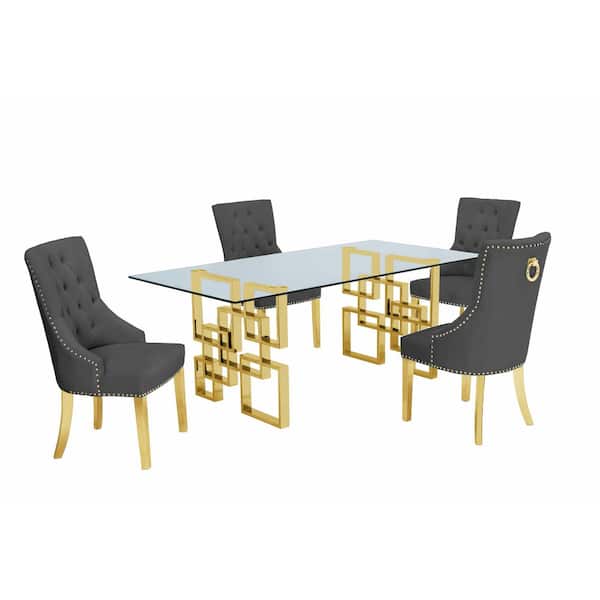 Best Quality Furniture Dominga 5-Piece Glass Top with Stainless Steel and Set with 4-Dark Gray Velvet Chairs