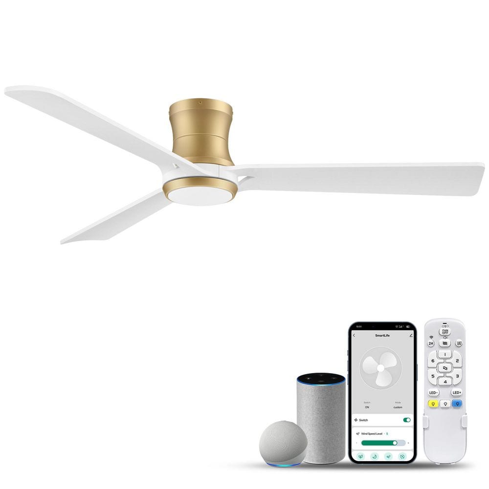 52 in. Gold White Smart Outdoor Indoor Ceiling Fan w/ LED Light Flush Mount Wood Blades APP/Voice/Remote Low Profile DC