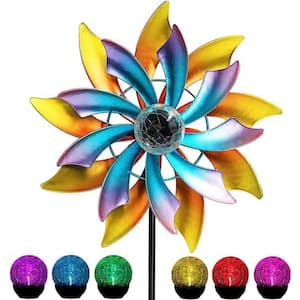 57 in. Solar Wind Spinner with Metal Garden Stake, Multi-Color Changing LED Solar Powered Glass Ball