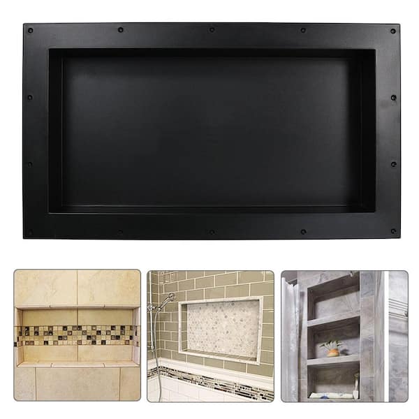 SEEUTEK 28 in. W x 16 in. H x 3.8 in. D Shower Niche Ready for Tile ABS Single Shelf for Shampoo, Toiletry Storage in Black