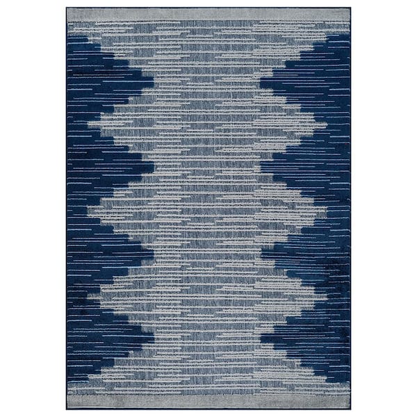 Geometric Design Indoor/Outdoor High-Low Textured Area Rug, Geometric, Easy-Clean Patio Rug 4' x 6' Navy