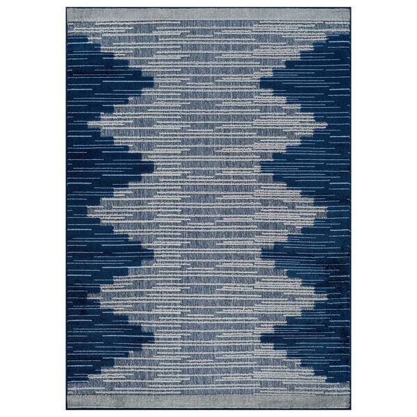 Geometric Design Indoor/Outdoor High-Low Textured Area Rug, Geometric, Easy-Clean Patio Rug 8 ft. x 10 ft. Navy