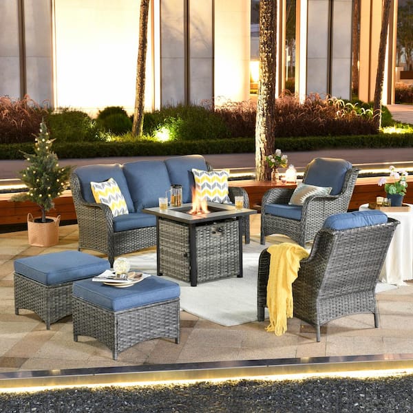 OVIOS New Kenard Gray 6-Piece Wicker Patio Fire Pit Conversation Seating Set with Denim Blue Cushions