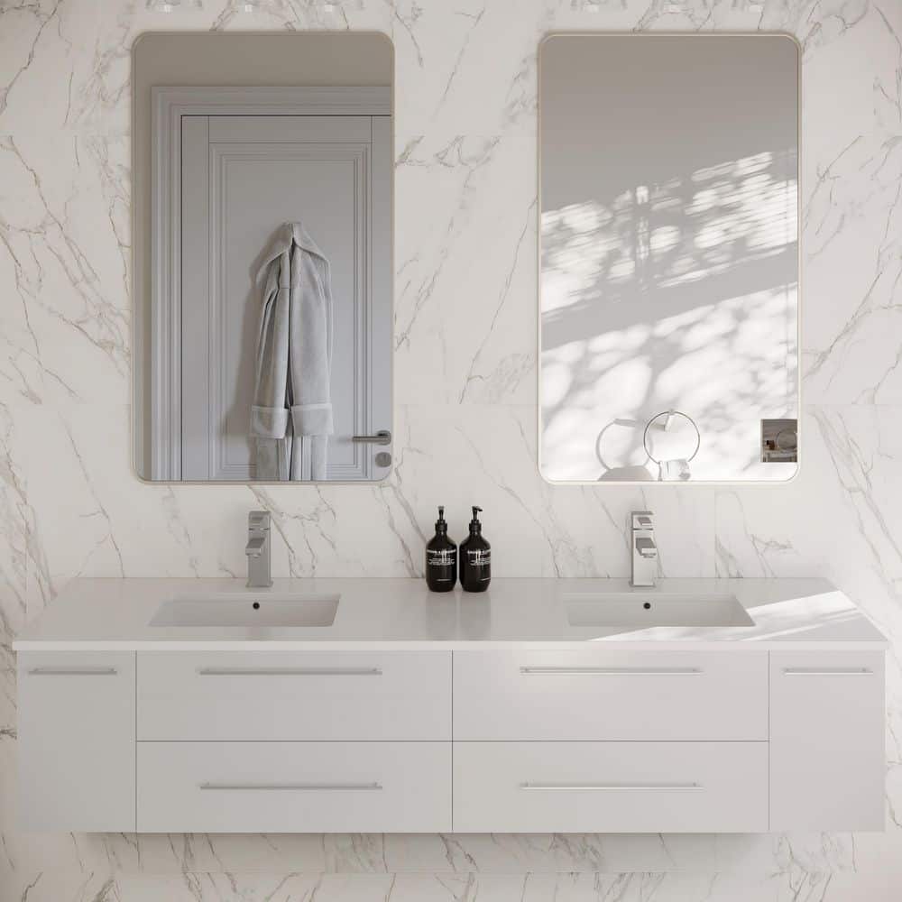 72" White Modern Wall-Mount Double Vanity with Quartz Top