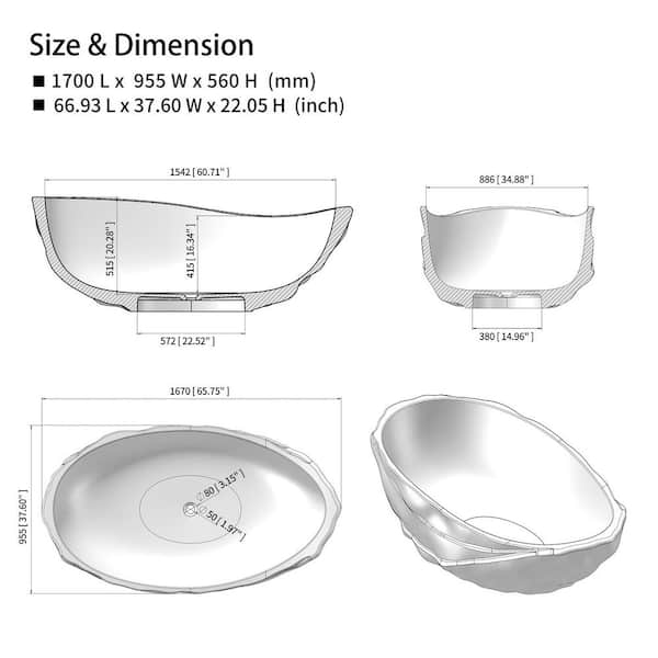 Moray 67 in. x 37.6 in. Resin Translucent Stone Flatbottom Solid Surface Freestanding Soaking Bathtub in Fiery Red