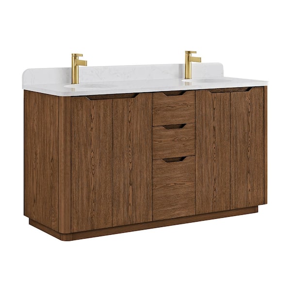 Abuja 60 in. W x 22 in. D x 33.9 in. H Double Bath Vanity in Oak Weathered Brown with White Engineered Stone Top
