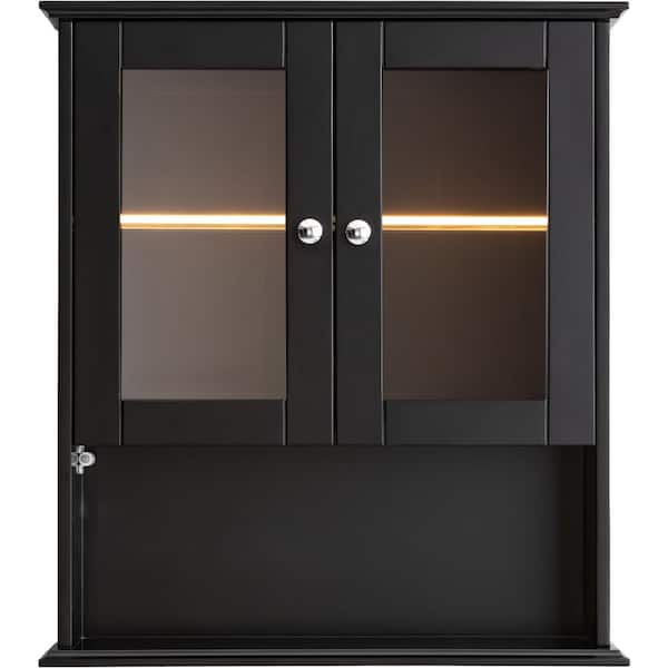 WELLFOR 26.2 in. W x 7.9 in. D x 29.5 in. H Bathroom Storage Wall Cabinet in Black With Light Strip Behind the Glass Shelf
