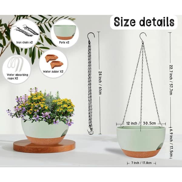 Unbranded Plastic Planter (12 in. W x 6.9 in. H) Green Brown Hanging  Indoor/Outdoor with Chains Self Watering Hanging Pots-2 Pack Jkzzc00443