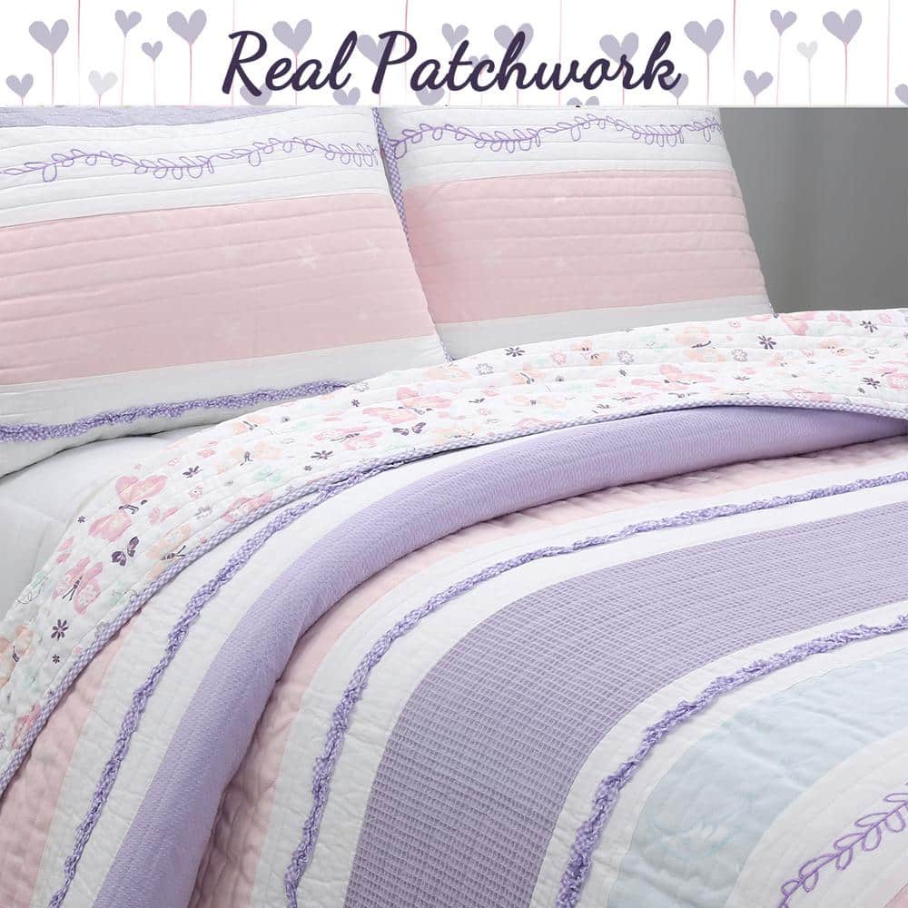 Purple and Pink Cotton Twin Reversible Quilt Set