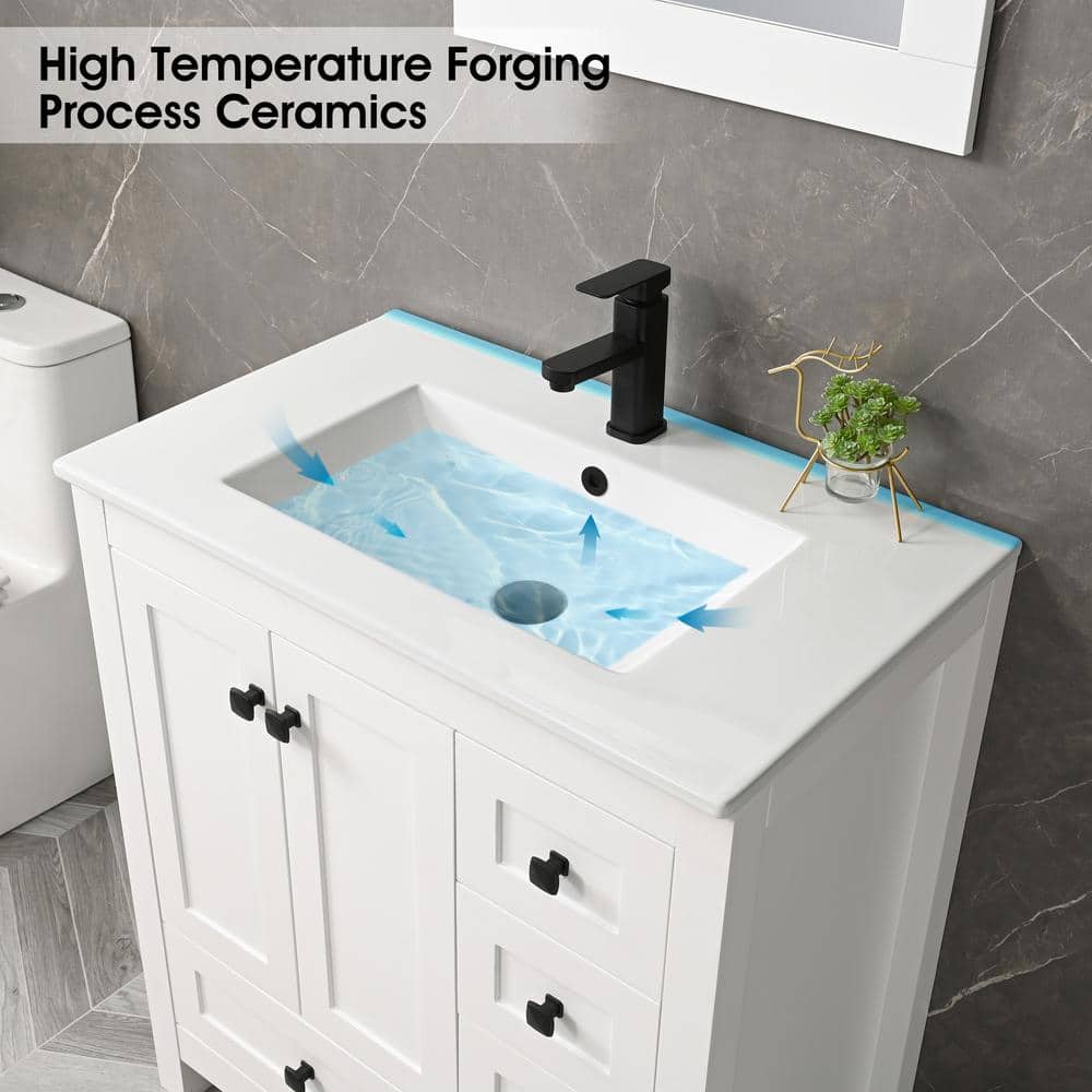 White 30" Freestanding Bathroom Vanity with Ceramic Sink and Mirror
