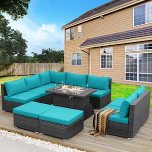 10-Piece Charcoal Wicker Patio Fire Pit Deep Sectional Seating Sofa Set with Teal Cushions with Ottomans