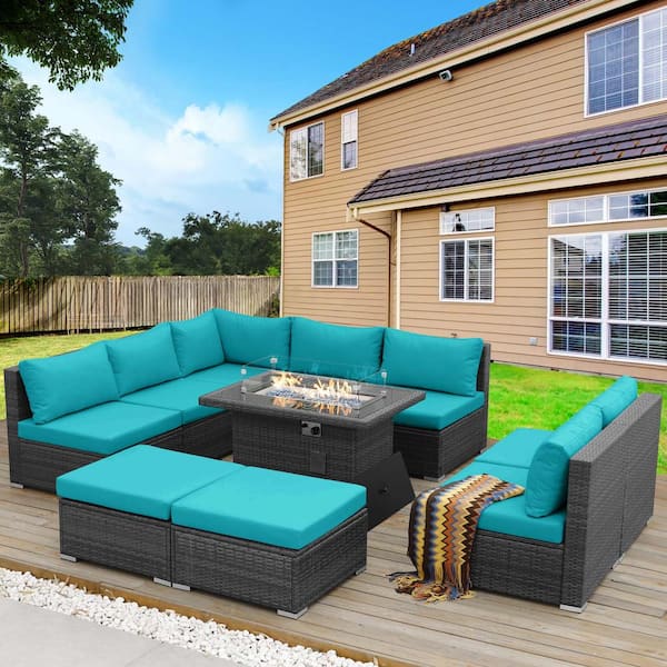 NICESOUL 10-Piece Charcoal Wicker Patio Fire Pit Deep Sectional Seating Sofa Set with Teal Cushions with Ottomans