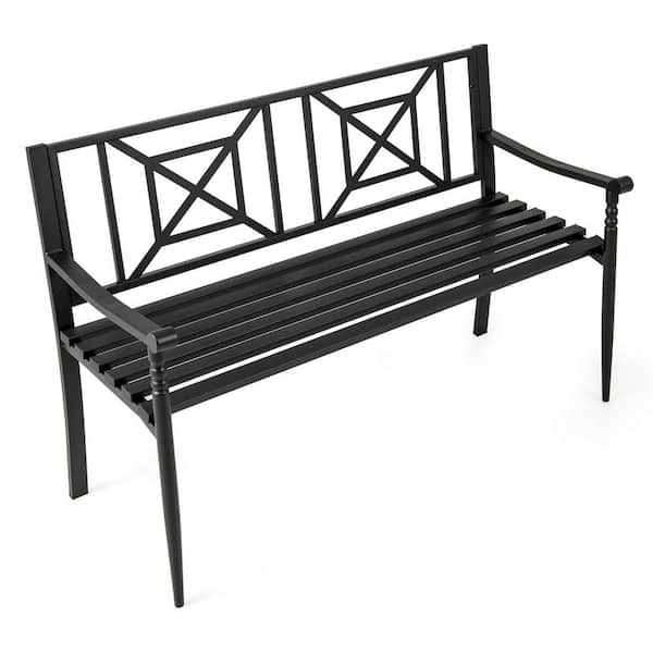 Costway 2-Person Black Metal Outdoor Bench Porch Chair Yard Outdoor