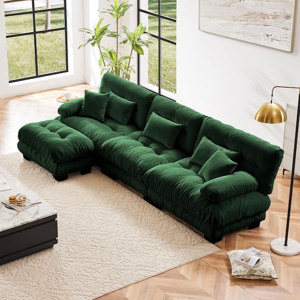 133.8 in. W Chenille Oversized L Shaped Modular Sectional Sofa with Convertible Ottoman in Green