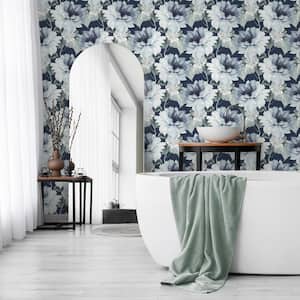 Navy Blue and Slate Green Watercolor Floral Vinyl Peel and Stick Wallpaper Roll 30.75 sq. ft.