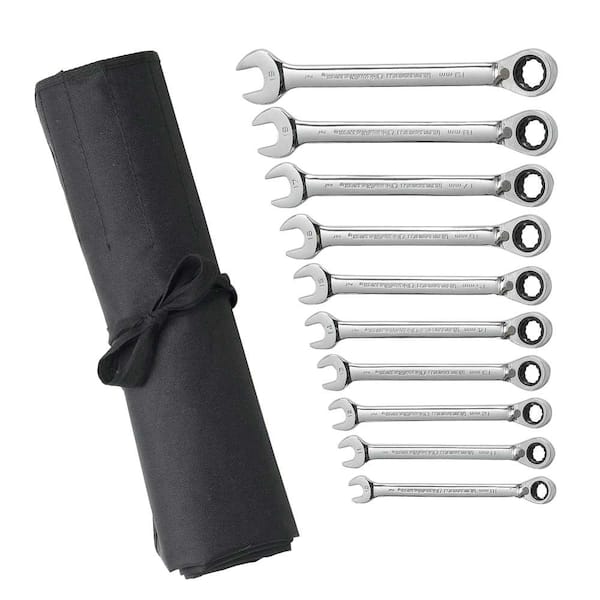 GEARWRENCH Metric 72-Tooth Reversible Combination Ratcheting Wrench Tool Set with Roll (10-Piece)